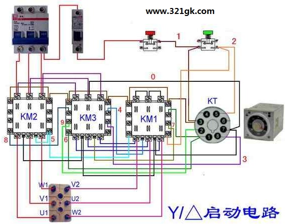 星三角启动带中间继电器实物接线图