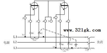 三相三线式(三相两元件)电度表经电流互感器接线原理图